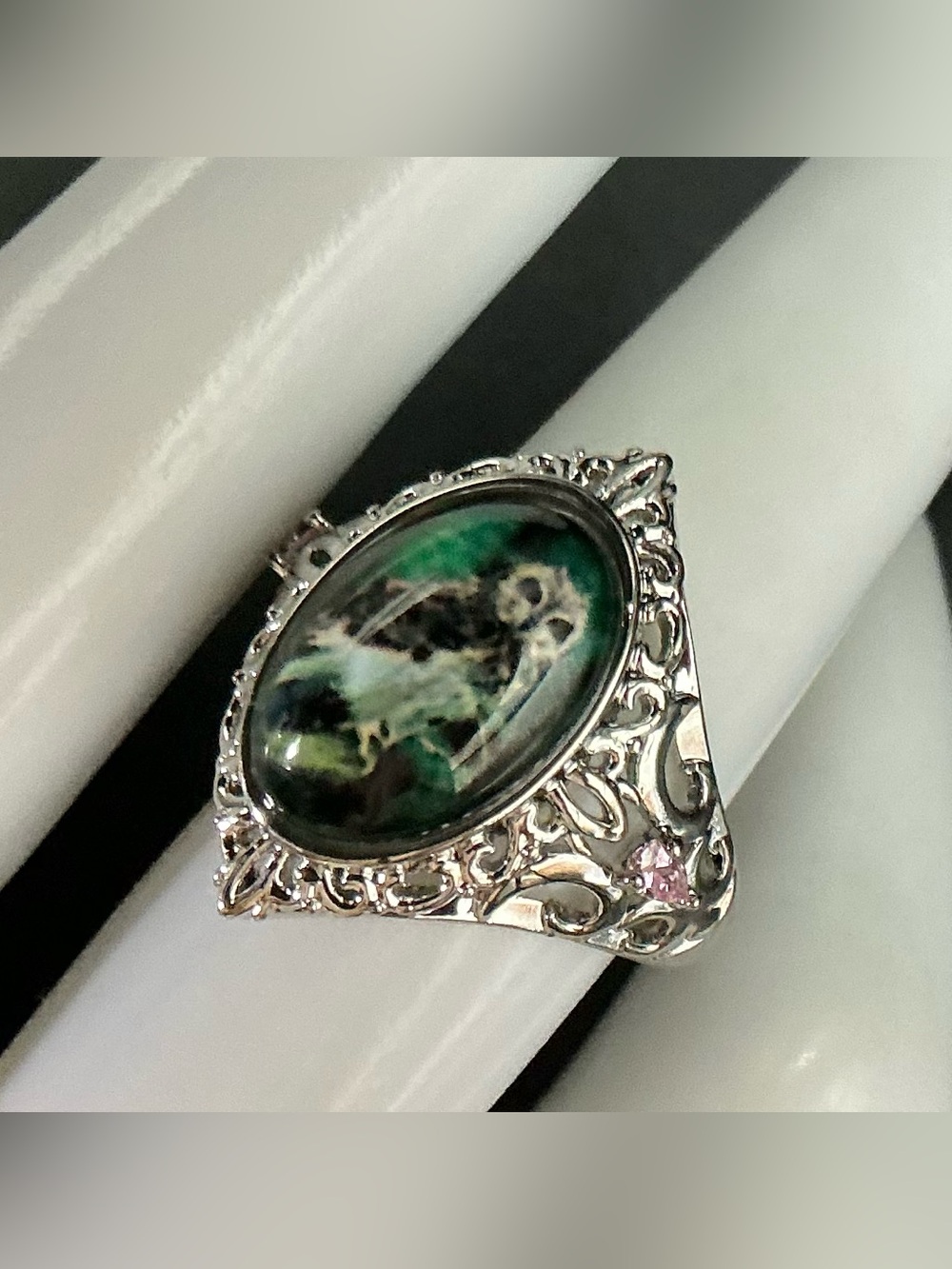 CZECH SILVER PLATED FILAGREE RING WITH OWL SILHOUETTE OVAL STONE SIZE 7